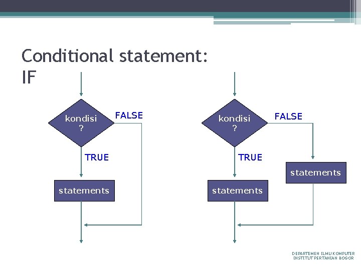 Conditional statement: IF kondisi ? TRUE FALSE kondisi ? FALSE TRUE statements DEPARTEMEN ILMU