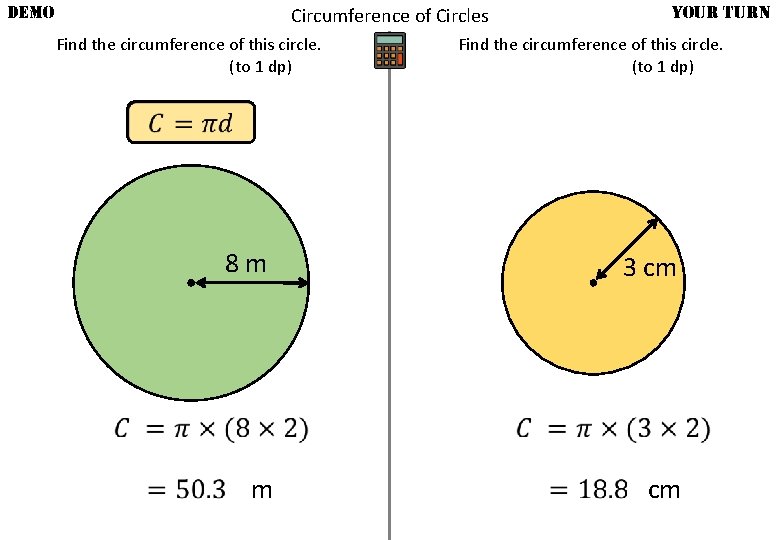 DEMO Circumference of Circles Find the circumference of this circle. (to 1 dp) YOUR