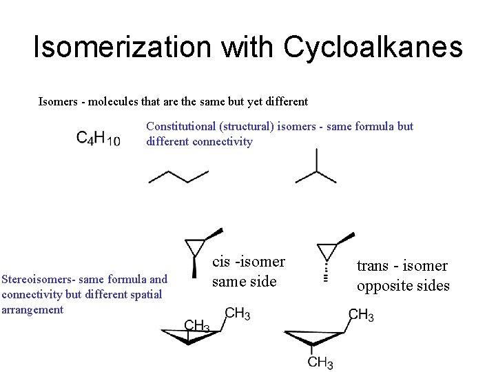 Isomerization with Cycloalkanes Isomers - molecules that are the same but yet different Constitutional