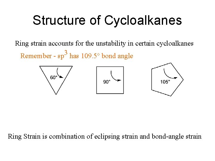 Structure of Cycloalkanes Ring strain accounts for the unstability in certain cycloalkanes Remember -