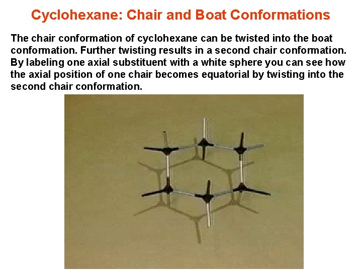 Cyclohexane: Chair and Boat Conformations The chair conformation of cyclohexane can be twisted into
