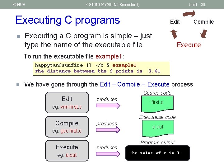 © NUS CS 1010 (AY 2014/5 Semester 1) Unit 1 - 30 Executing C