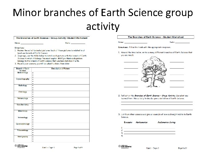 Minor branches of Earth Science group activity 