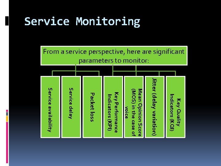 Service Monitoring From a service perspective, here are significant parameters to monitor: Key Quality