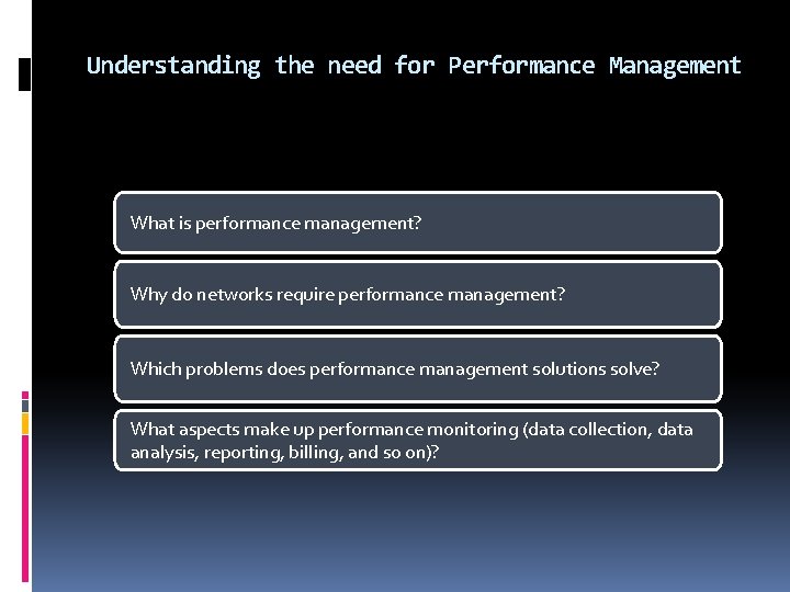 Understanding the need for Performance Management What is performance management? Why do networks require
