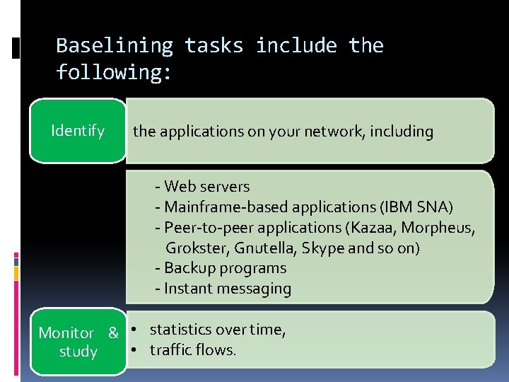 Baselining tasks include the following: Identify the applications on your network, including - Web