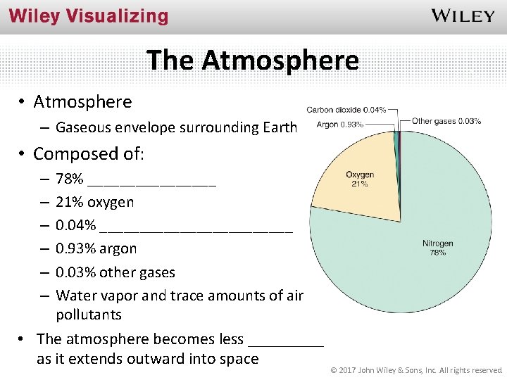 The Atmosphere • Atmosphere – Gaseous envelope surrounding Earth • Composed of: 78% ________ The Atmosphere • Atmosphere – Gaseous envelope surrounding Earth • Composed of: 78% ________