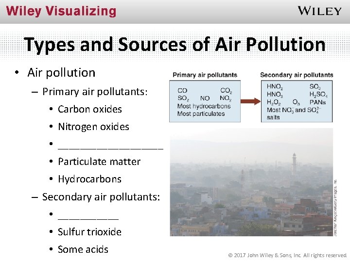 Types and Sources of Air Pollution • Air pollution – Primary air pollutants: •