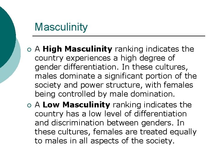 Masculinity ¡ ¡ A High Masculinity ranking indicates the country experiences a high degree