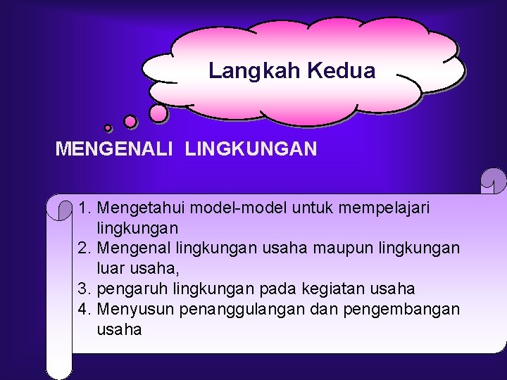 Langkah Kedua MENGENALI LINGKUNGAN 1. Mengetahui model-model untuk mempelajari lingkungan 2. Mengenal lingkungan usaha