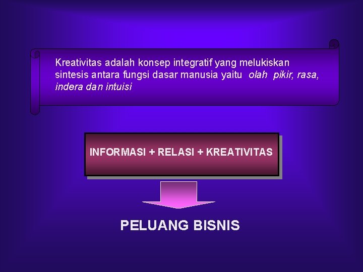 Kreativitas adalah konsep integratif yang melukiskan sintesis antara fungsi dasar manusia yaitu olah pikir,