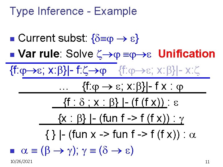 Type Inference - Example Current subst: { } n Var rule: Solve z Unification