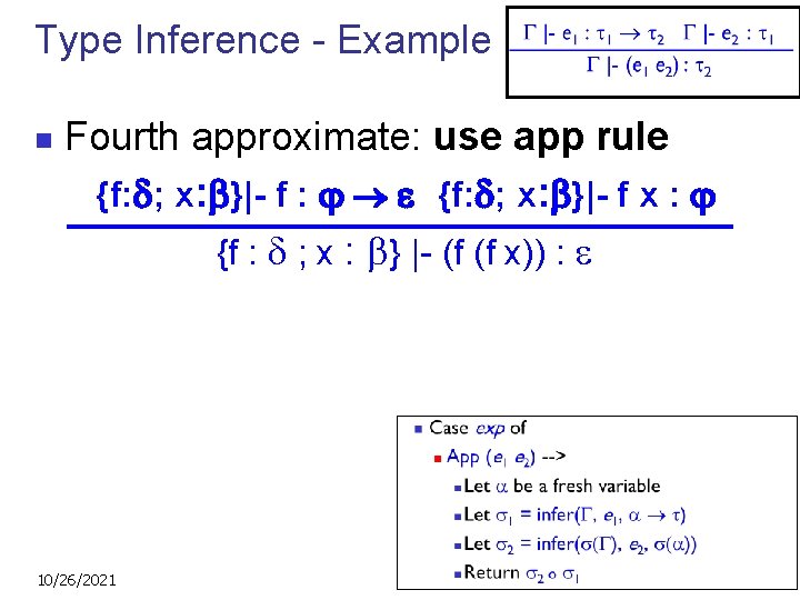 Type Inference - Example n Fourth approximate: use app rule {f: ; x: }|-