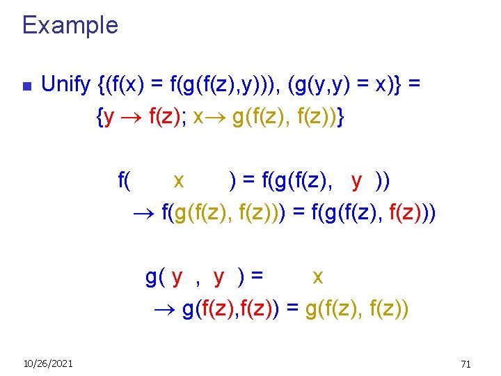 Example n Unify {(f(x) = f(g(f(z), y))), (g(y, y) = x)} = {y f(z);
