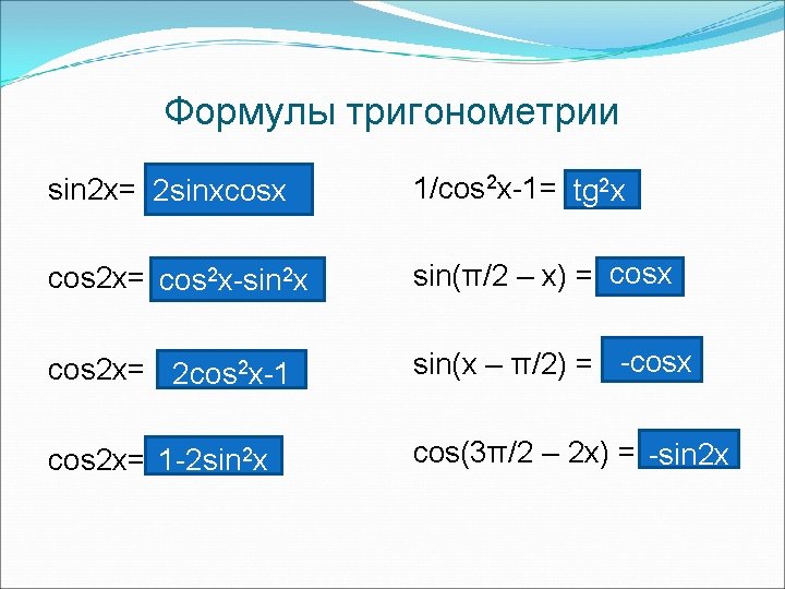 Формулы тригонометрии sin 2 x= 2 sinxcosx 1/cos 2 x-1= tg 2 x cos