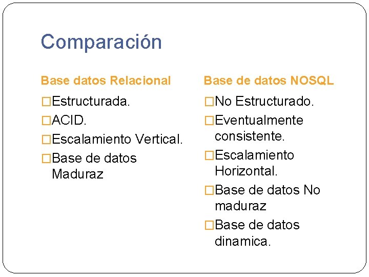 Comparación Base datos Relacional Base de datos NOSQL �Estructurada. �No Estructurado. �ACID. �Eventualmente �Escalamiento