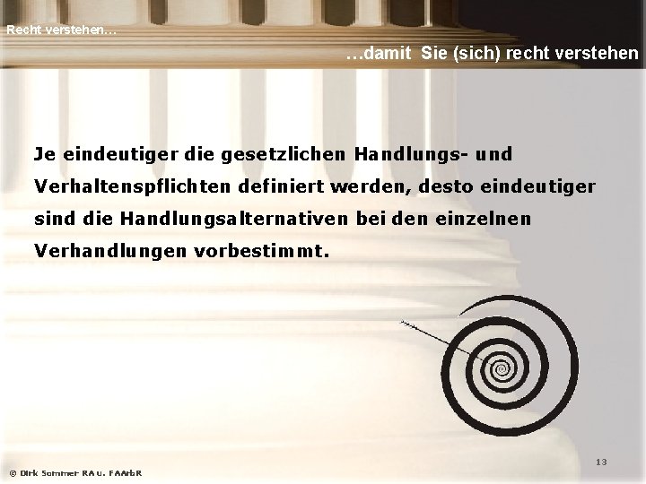 Recht verstehen… …damit Sie (sich) recht verstehen Je eindeutiger die gesetzlichen Handlungs- und Verhaltenspflichten