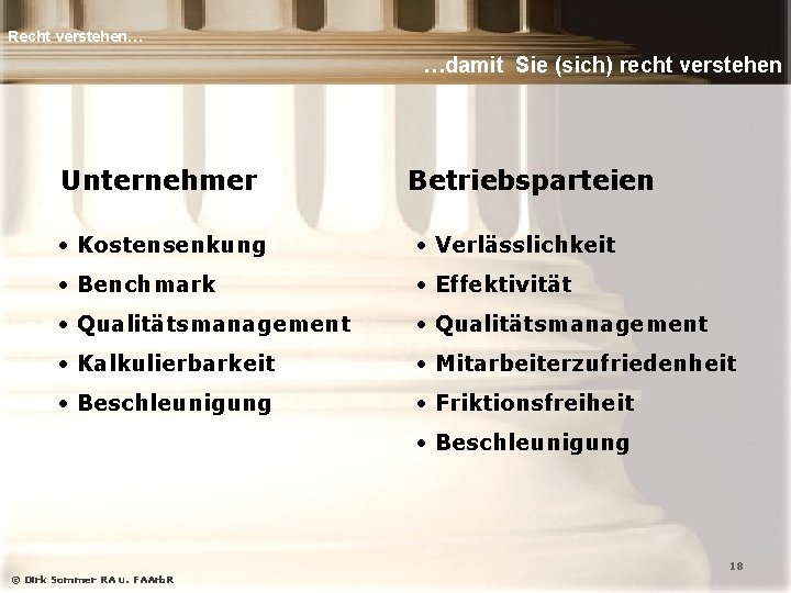 Recht verstehen… …damit Sie (sich) recht verstehen Unternehmer Betriebsparteien • Kostensenkung • Verlässlichkeit •