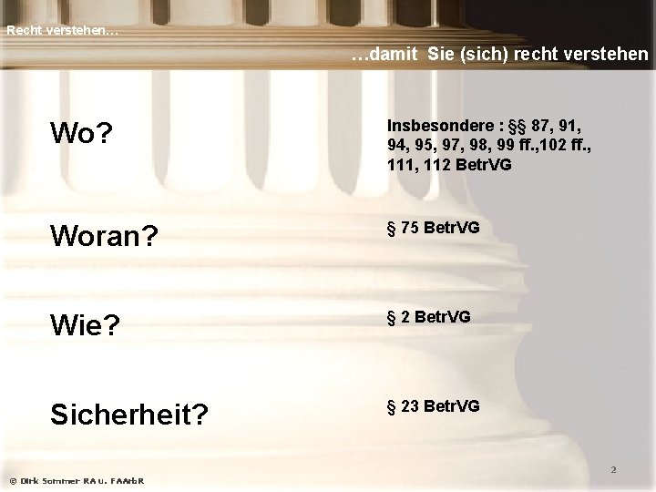Recht verstehen… …damit Sie (sich) recht verstehen Wo? Insbesondere : §§ 87, 91, 94,