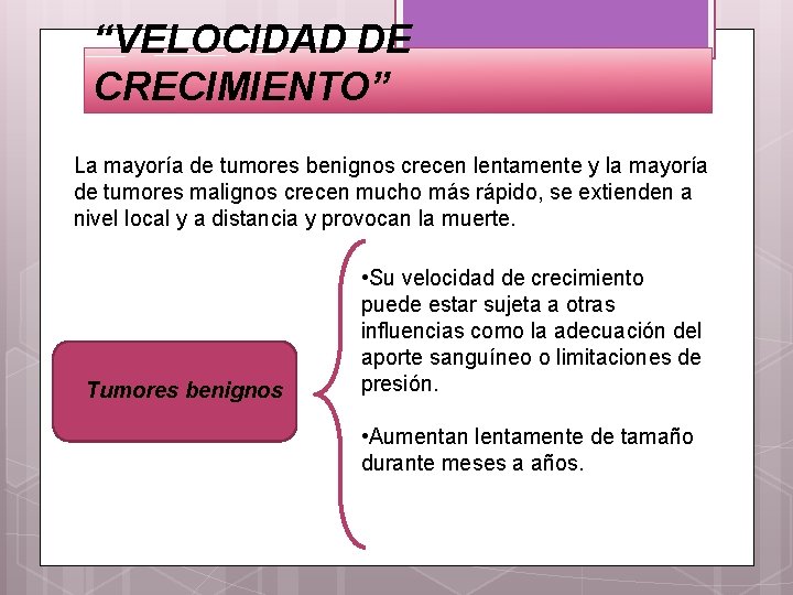 “VELOCIDAD DE CRECIMIENTO” La mayoría de tumores benignos crecen lentamente y la mayoría de