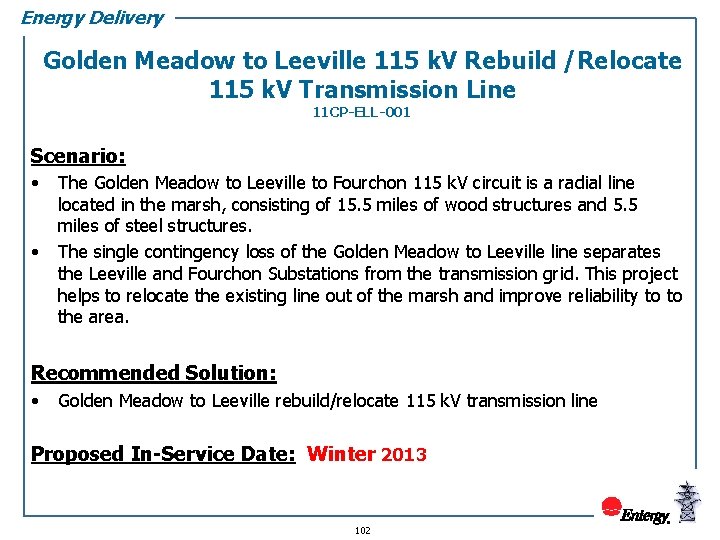 Energy Delivery Golden Meadow to Leeville 115 k. V Rebuild /Relocate 115 k. V