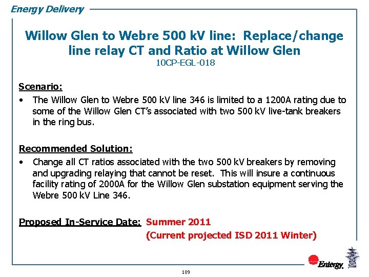 Energy Delivery Willow Glen to Webre 500 k. V line: Replace/change line relay CT