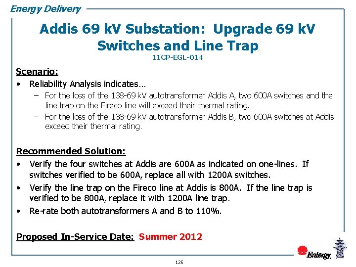 Energy Delivery Addis 69 k. V Substation: Upgrade 69 k. V Switches and Line