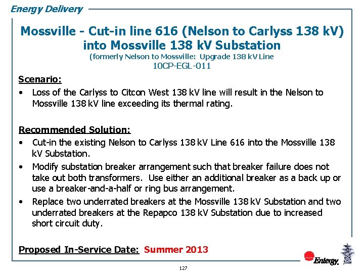 Energy Delivery Mossville - Cut-in line 616 (Nelson to Carlyss 138 k. V) into