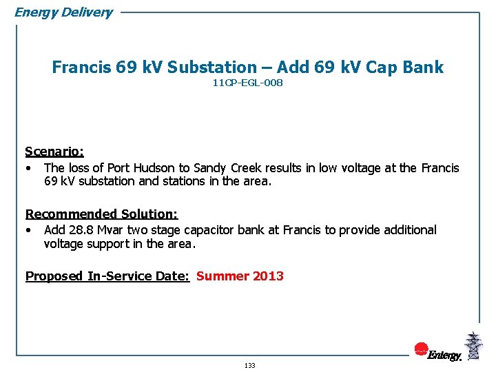 Energy Delivery Francis 69 k. V Substation – Add 69 k. V Cap Bank