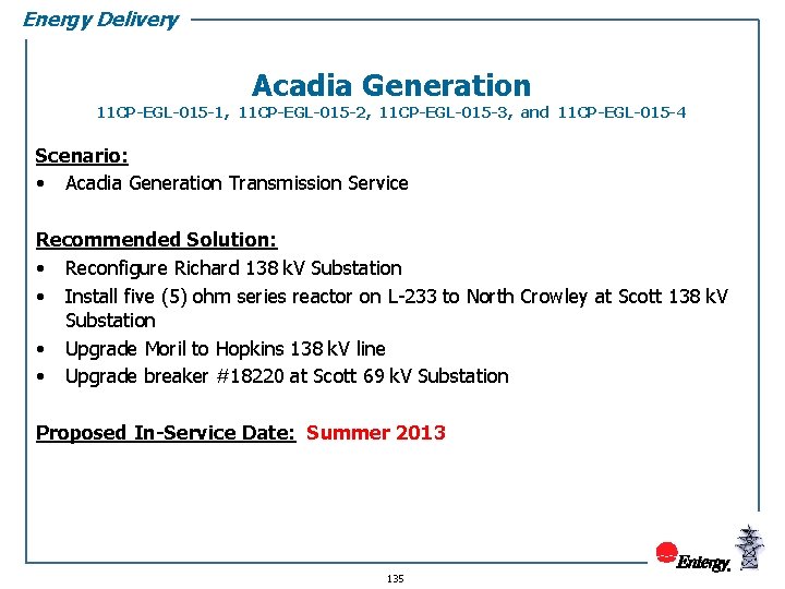 Energy Delivery Acadia Generation 11 CP-EGL-015 -1, 11 CP-EGL-015 -2, 11 CP-EGL-015 -3, and