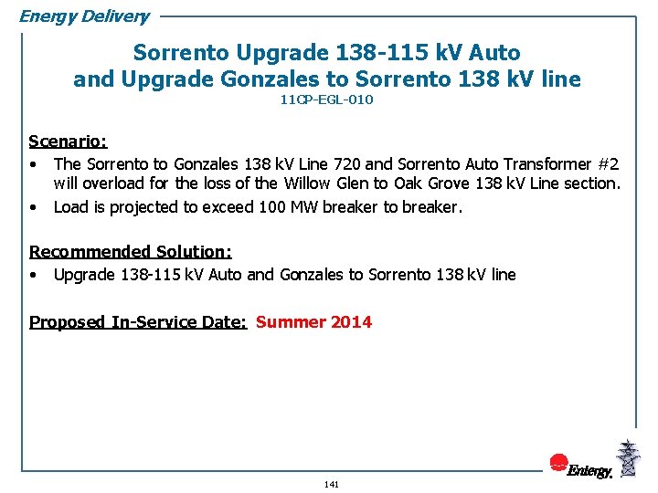 Energy Delivery Sorrento Upgrade 138 -115 k. V Auto and Upgrade Gonzales to Sorrento