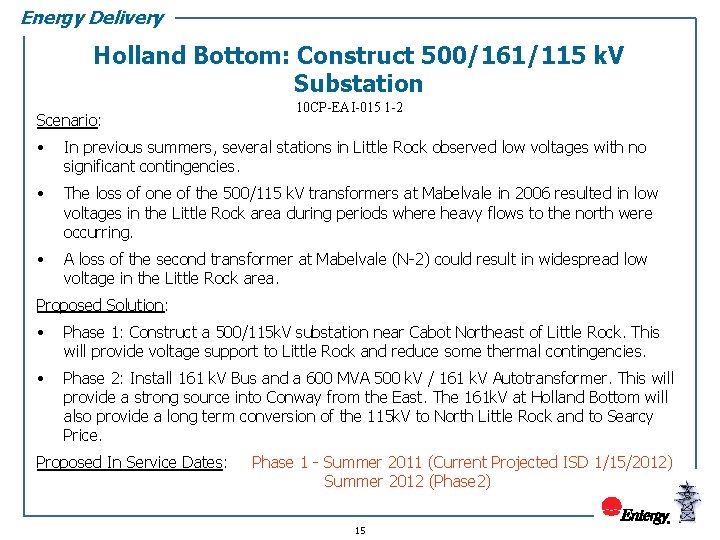 Energy Delivery Holland Bottom: Construct 500/161/115 k. V Substation Scenario: 10 CP-EAI-015 1 -2