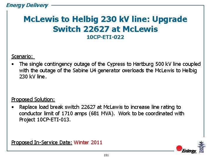 Energy Delivery Mc. Lewis to Helbig 230 k. V line: Upgrade Switch 22627 at