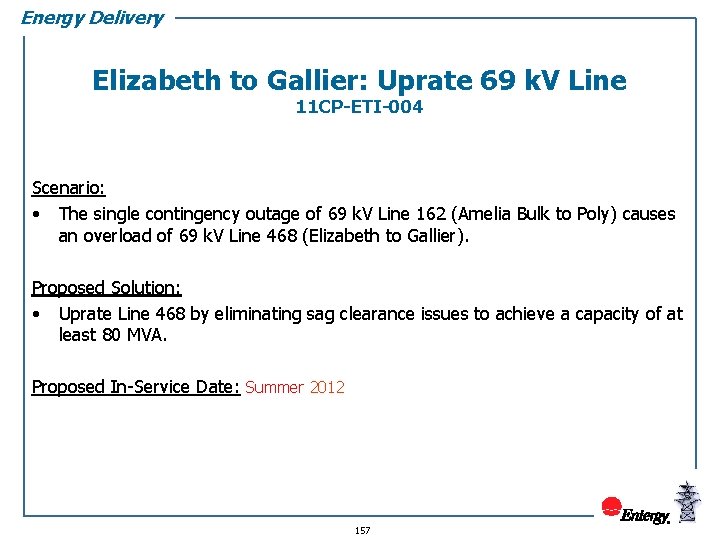 Energy Delivery Elizabeth to Gallier: Uprate 69 k. V Line 11 CP-ETI-004 Scenario: •