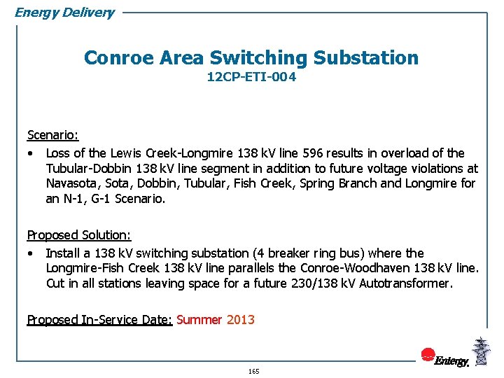 Energy Delivery Conroe Area Switching Substation 12 CP-ETI-004 Scenario: • Loss of the Lewis