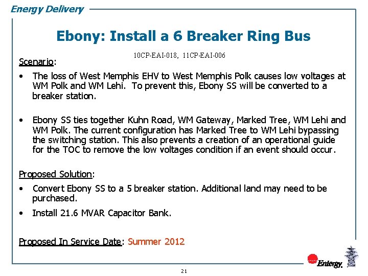 Energy Delivery Ebony: Install a 6 Breaker Ring Bus Scenario: 10 CP-EAI-018, 11 CP-EAI-006