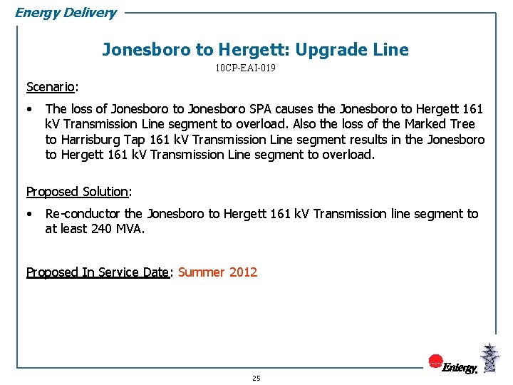 Energy Delivery Jonesboro to Hergett: Upgrade Line 10 CP-EAI-019 Scenario: • The loss of