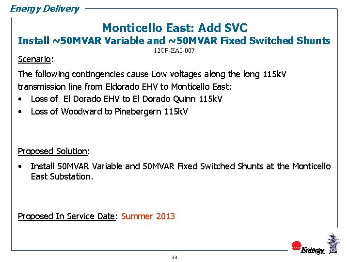 Energy Delivery Monticello East: Add SVC Install ~50 MVAR Variable and ~50 MVAR Fixed