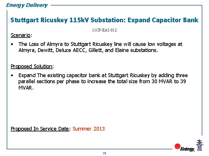 Energy Delivery Stuttgart Ricuskey 115 k. V Substation: Expand Capacitor Bank Scenario: • 11