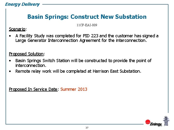 Energy Delivery Basin Springs: Construct New Substation Scenario: • 11 CP-EAI-009 A Facility Study