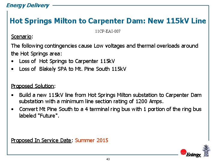 Energy Delivery Hot Springs Milton to Carpenter Dam: New 115 k. V Line Scenario: