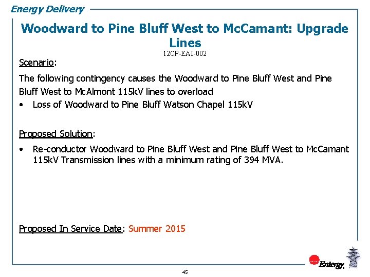 Energy Delivery Woodward to Pine Bluff West to Mc. Camant: Upgrade Lines Scenario: 12