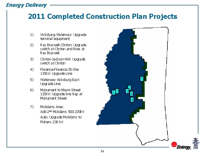 Energy Delivery 2011 Completed Construction Plan Projects 1) Vicksburg-Waterway: Upgrade terminal equipment 2) Ray