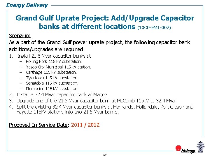 Energy Delivery Grand Gulf Uprate Project: Add/Upgrade Capacitor banks at different locations (10 CP-EMI-007)