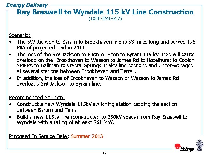 Energy Delivery Ray Braswell to Wyndale 115 k. V Line Construction (10 CP-EMI-017) Scenario: