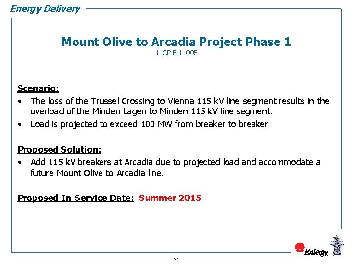 Energy Delivery Mount Olive to Arcadia Project Phase 1 11 CP-ELL-005 Scenario: • The