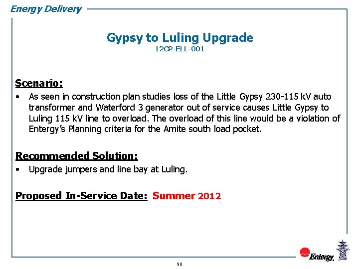 Energy Delivery Gypsy to Luling Upgrade 12 CP-ELL-001 Scenario: • As seen in construction