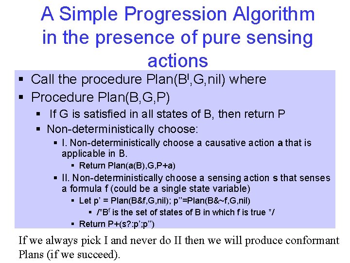 A Simple Progression Algorithm in the presence of pure sensing actions § Call the