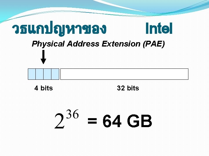 วธแกปญหาของ Intel Physical Address Extension (PAE) 4 bits 32 bits = 64 GB 