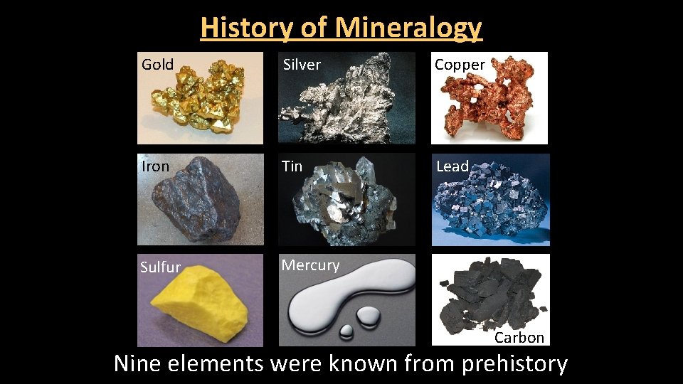 History of Mineralogy Gold Silver Copper Iron Tin Lead Sulfur Mercury Carbon Nine elements